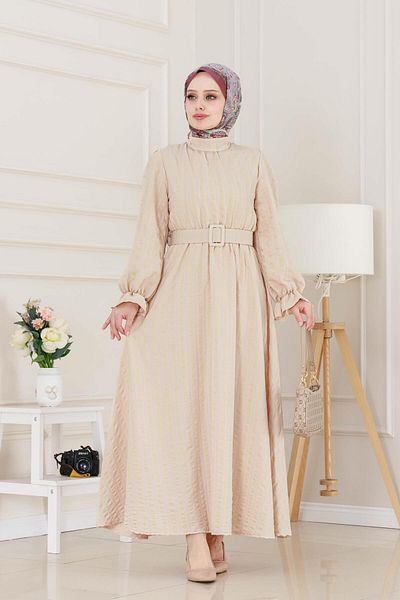Sevitli Henna Dress with Flounces and Belted Sleeves-Beige