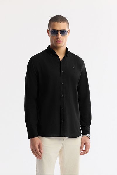 Avva Men's Black Regular Fit 100% Cotton Slim Soft Tuat Button Collar Long Sleeve Standard Fit Shirt a