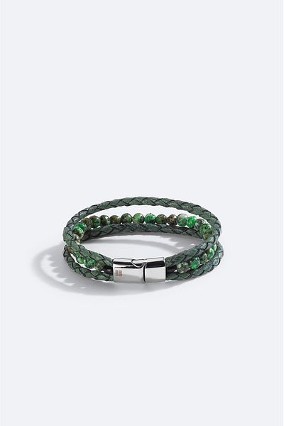Avva Men's Green Leather and Stone Bracelet A51Y9602