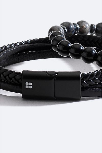 Avva Men's Black Leather and Stone Bracelet A51Y9608