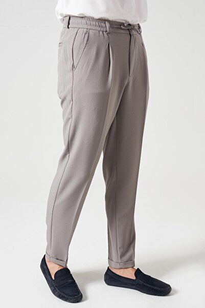 TENA Erkek Gri Beli Yarım Lastikli Tek Pile Duble Paça Diamond Kumaş Pantolon