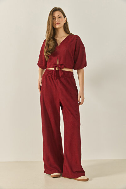 Bianco Lucci Women's V-Neck Tie Blouse with Loose Pants Textured Summer Bottom-Top Suit 9325 60281044