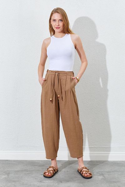 TENA Women's Brown Elastic Waist Carrot Cut Linen Trousers