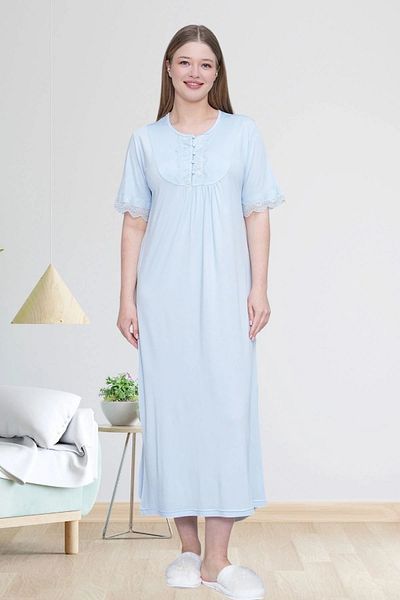 LOHOUSE Women's Blue Large Size (Oversize) Short Sleeve Cotton Buttoned Mother's Nightgown