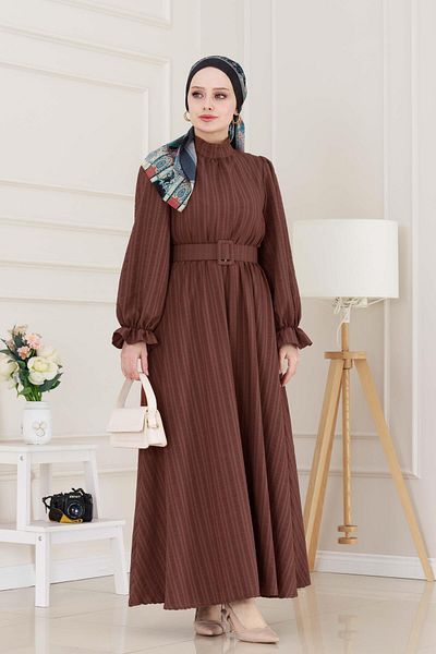 Sevitli Henna Dress with Flounces and Belted Sleeves-Brown