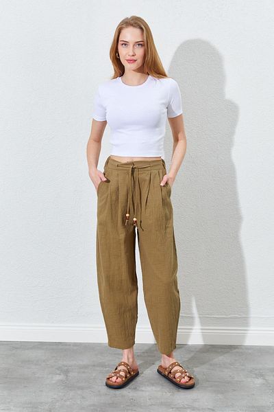 TENA Women's Khaki Elastic Waist Carrot Cut Linen Trousers