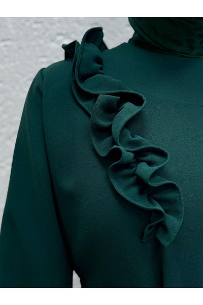 Ebrar Store Tuğçe Shoulder Ruffled Crepe Dress-Pa9214 Emerald Green