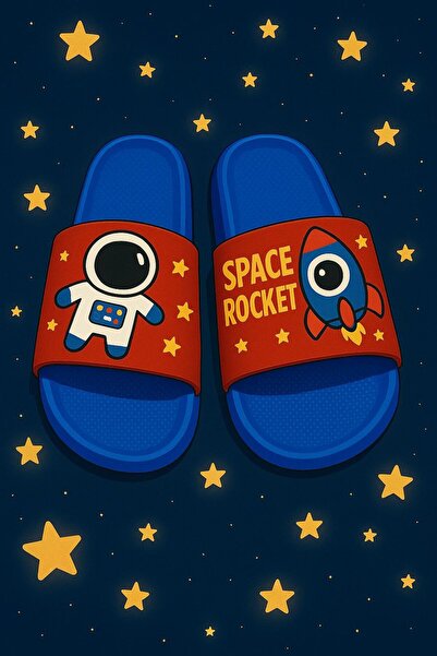 GEZER Unisex Çocuk Ultra Soft Astronot Desen Havuz Deniz Banyo ve Plaj Terlik Adım Adım