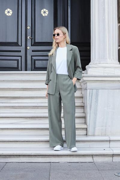 Jument Kadın İpeksi Dokulu Modal Yüksek Bel Yan Cepli Arkası Lastikli Bol Paça Salaş Palazzo Pantolon-Haki