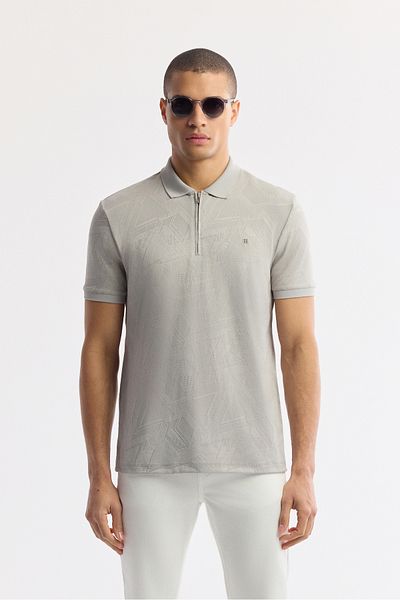 Avva Tricou jacquard cu gât polo cu fermoar gri pentru bărbați A51Y1059