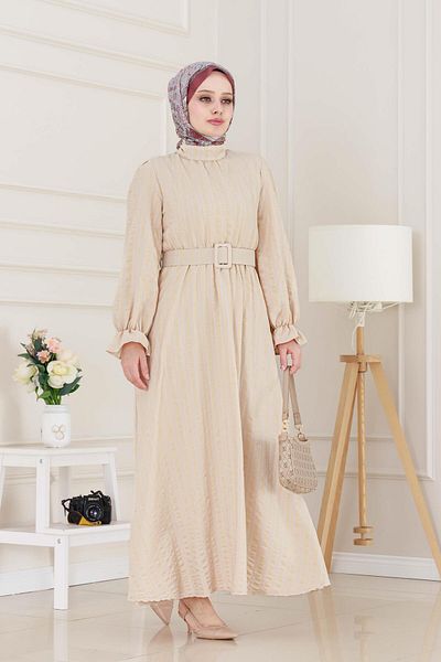Sevitli Henna Dress with Flounces and Belted Sleeves-Beige