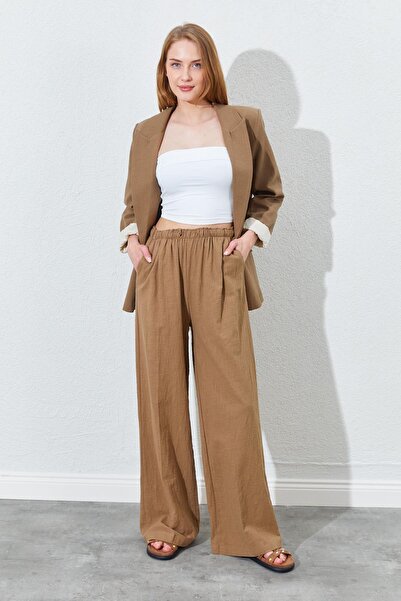 TENA Γυναικείο λινό παντελόνι Palazzo σε καφέ μέση