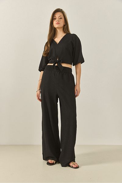 Bianco Lucci Women's V-Neck Tie Blouse with Loose Pants Textured Summer Bottom-Top Suit 9325 60281044
