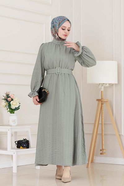 Sevitli Henna Dress with Flounces and Belted Sleeves - Mint Green