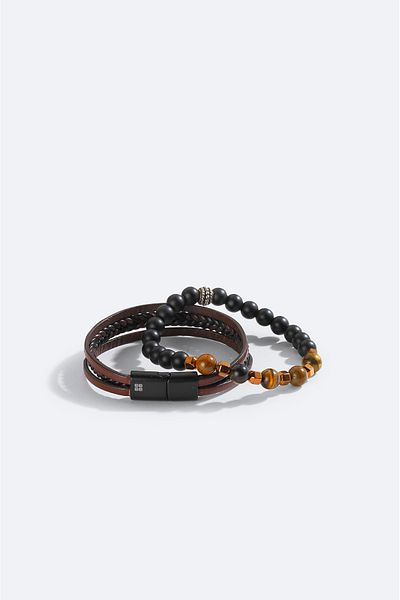 Avva Men's Brown Leather and Stone Bracelet A51Y9610