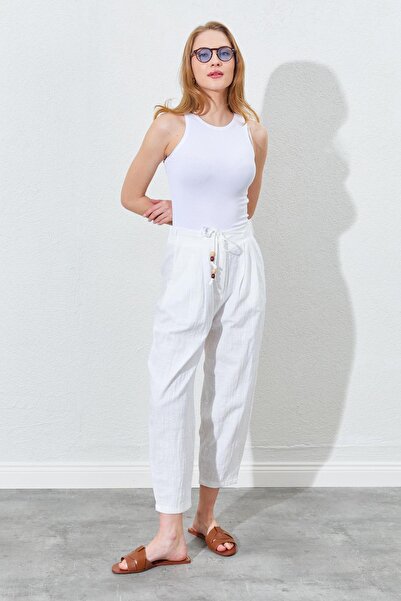 TENA Women's Ecru Elastic Waist Carrot Cut Linen Trousers