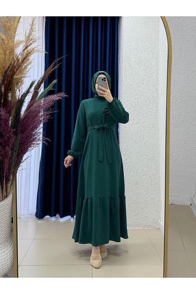 Ebrar Store Tuğçe Shoulder Ruffled Crepe Dress-Pa9214 Emerald Green