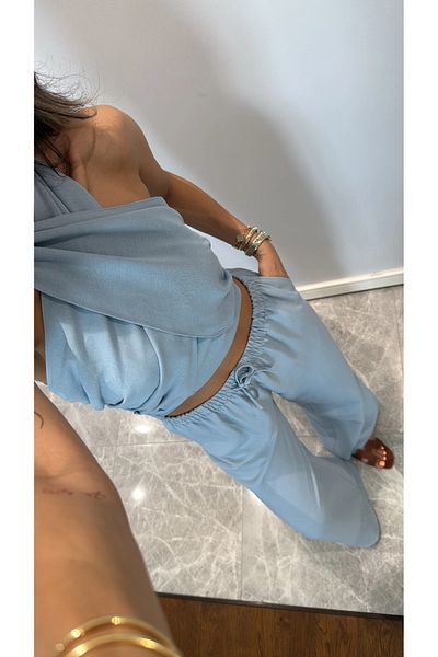 My Blog Set pantaloni bustier cu decolteu albastru - 30352