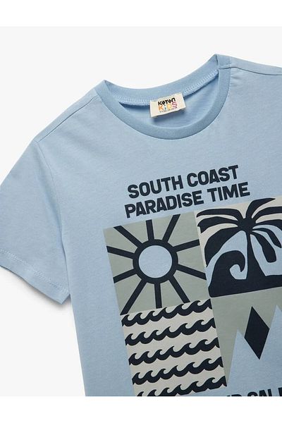 Koton Tricou cu mânecă scurtă din bumbac, cu decolteu, cu tematică de vară