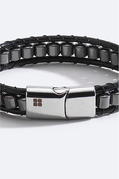 Avva Men's Black Leather and Stone Bracelet A51Y9614