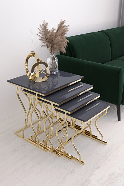 Puklife Hayal 4'lü Kare Zigon Sehpa Seti Gold Ayak, Antrasit Parlak Yüzey Mdf