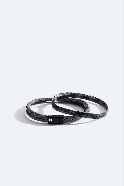 Avva Men's Anthracite Leather and Hematite Stone Bracelet A51Y9612