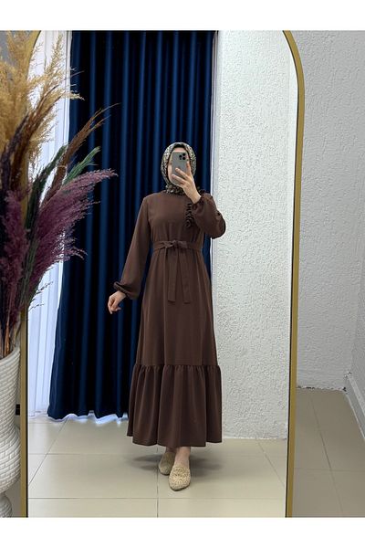 Ebrar Store Tuğçe Shoulder Ruffled Crepe Dress-Pa9214 Brown