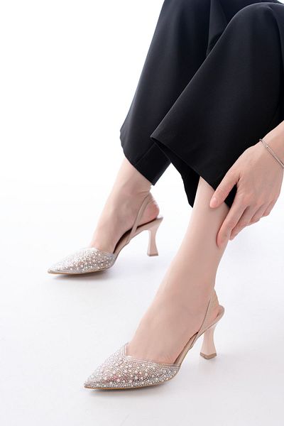 İNFON Infon V-1005 Beige Daily Open Back Stone Heeled Shoes