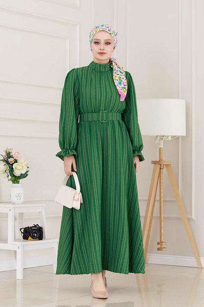 Sevitli Henna Dress with Flounces and Belted Sleeves-Green