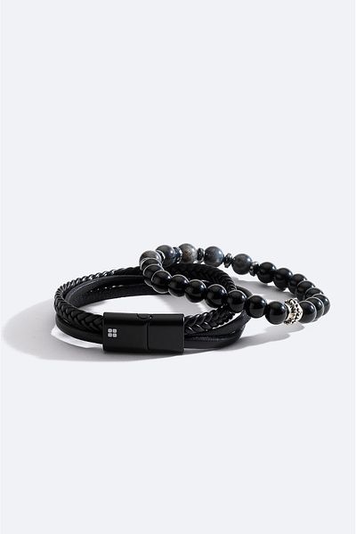 Avva Men's Black Leather and Stone Bracelet A51Y9608