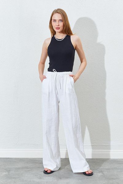 TENA Women's Ecru Elastic Waist Palazzo Linen Trousers