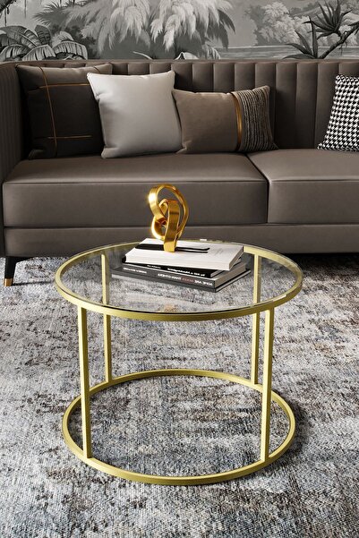 Dekoport Royal Orta Gold (ESKİTME) Sehpa - Şeffaf Cam-60 Cm