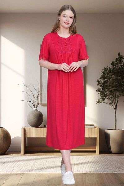 LOHOUSE Women's Red Large Size (Oversize) Short Sleeve Cotton Buttoned Mother's Nightgown