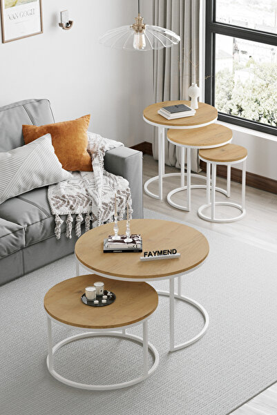 FAYMEND PLATOON 2li Orta Sehpa & Zigon Sehpa Seti 'Beyaz Rivoli' ( takım 3+2 )