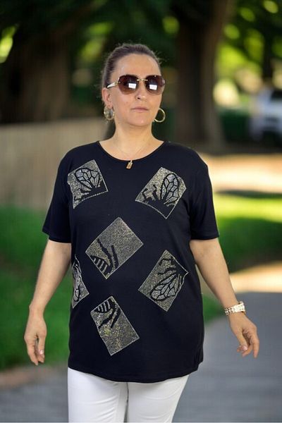 yagmurberen Pul Sequin Stone Embroidered Lycra Large Size Crew Neck Bluz