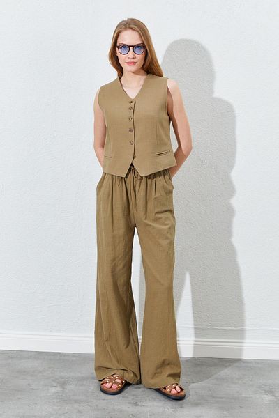 TENA Women's Khaki Elastic Waist Palazzo Linen Trousers