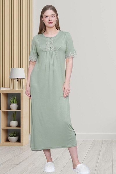 LOHOUSE Women's Green Plus Size (Oversize) Short Sleeve Cotton Buttoned Mother's Nightgown