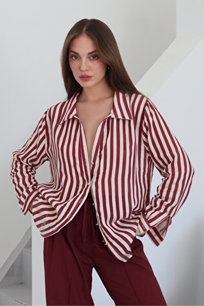 Laluvia Claret Red Striped Gold Buttoned Shirt - 4966
