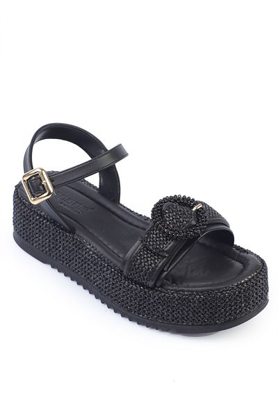 Capone Outfitters Vanda Wooden Single Buckle Leopard Straw Wedge Heeled Women's Sandals