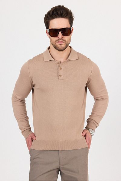 hateko Pure 100% Cotton Camel Polo Collar Knitwear Sweater