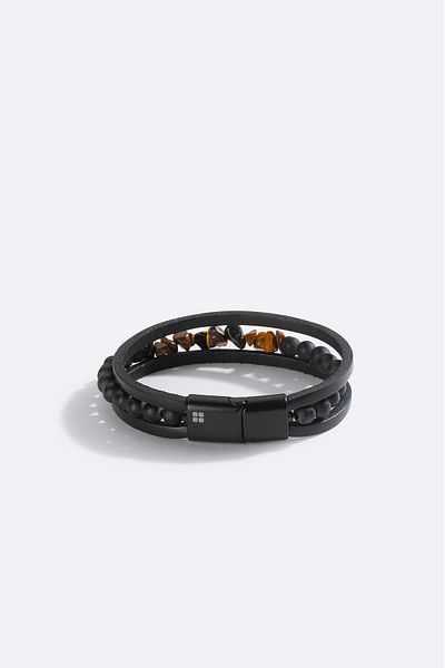 Avva Men's Brown Leather and Stone Bracelet A51Y9617