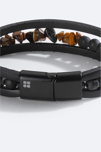 Avva Men's Brown Leather and Stone Bracelet A51Y9617