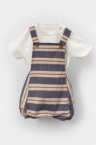 Bubito Striped Tshirt Detailed Snap Fastener Cotton Summer Baby Slopet Suit-Blue