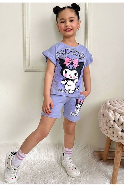 Miss Esilay Boutique Girl Child Kuromi Printed Bottom Top T-Shirt Shorts Suit Summer 100% Cotton Bottom Top Suit