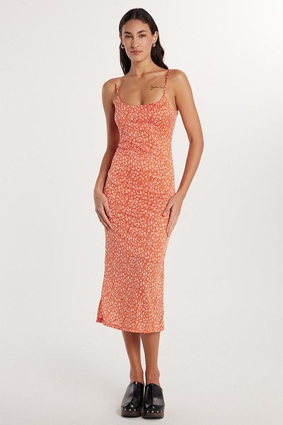 Tudors Rochie midi cu mâneci zero, slim fit, portocaliu, cu imprimeu