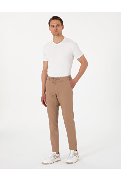 Pierre Cardin Kahverengi Slim Fit Keten Karışımlı Beli Lastikli Kanvas Pantolon 50308076-VR197