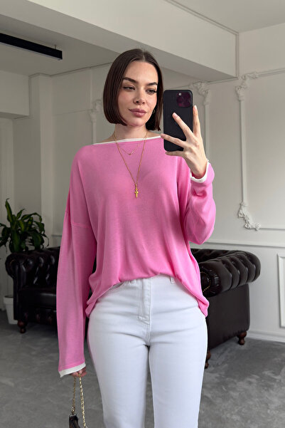 MAGARDE Pulover subțire din tricotaj cu guler colorat - ROZ