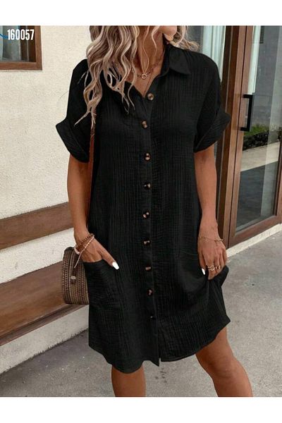 Modayakamoz Rochie cămașă de damă, cu mânecă scurtă, cu buzunar, țesătură înfășurată