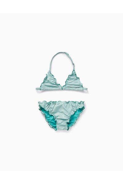 Ziddy Striped Bikini with Ruffles for Girls, Green/White