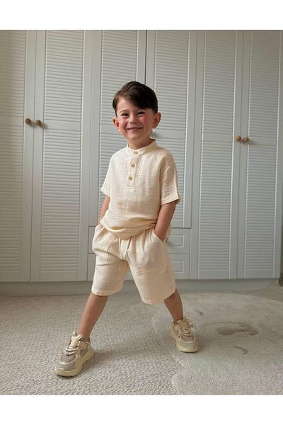 Canlook Buttoned Short Sleeve Pocket Shorts Suit for Boys